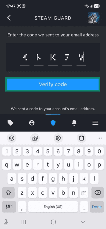 A Steam Guard verification tab on the Steam Mobile Android app. The "Verify code" button is highlighted.