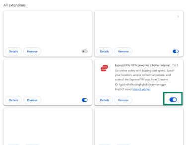 A screenshot of the Chrome Extensions page, showing the option to disable the ExpressVPN client.