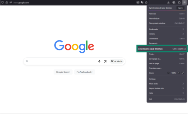 A screenshot of the Mozilla Firefox menu, showing the Extensions and themes button.