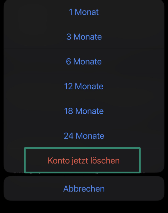 The Telegram "Delete Account Now" button on iPhone.