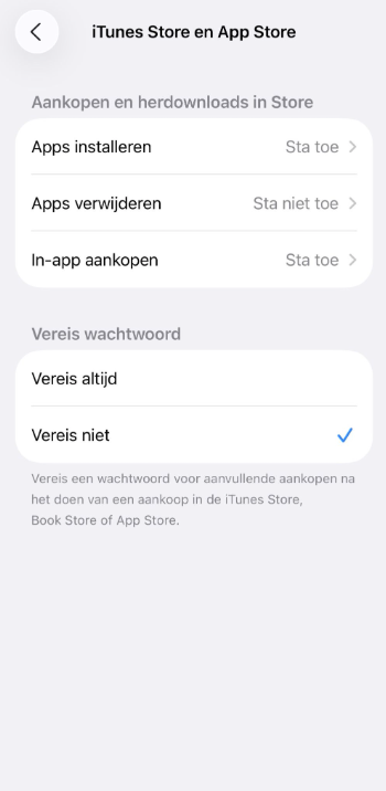 iTunes & App Store settings with app deletion disabled.