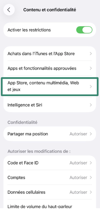 App Store and media restrictions in iPhone parental controls.