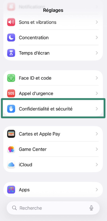 iPhone Settings screen with Privacy & Security highlighted