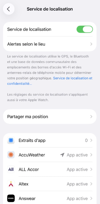 Location Services settings with app-level permissions on iPhone.