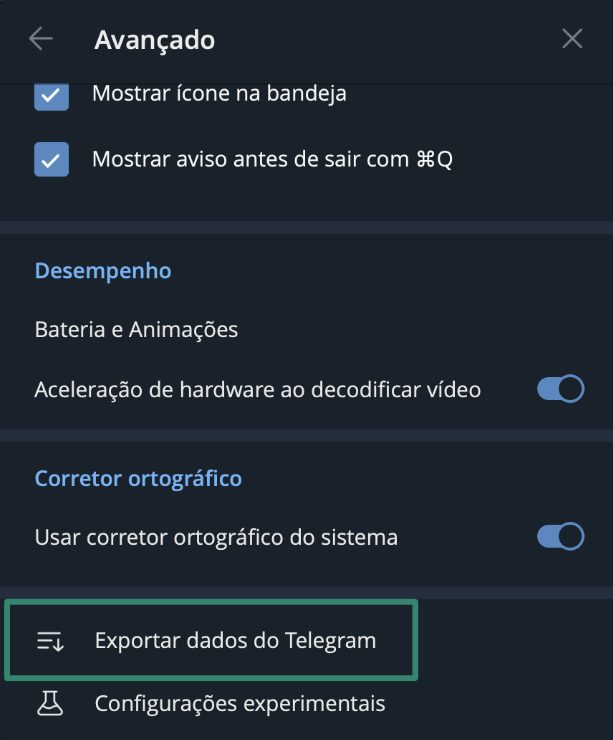 The Export Telegram data settings.