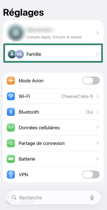 iPhone Settings screen with “Family” option highlighted under Apple ID.