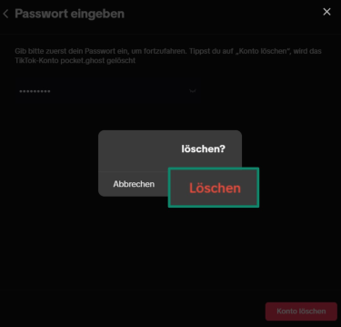 Screenshot of TikTok displaying a final confirmation prompt before starting the account deletion process