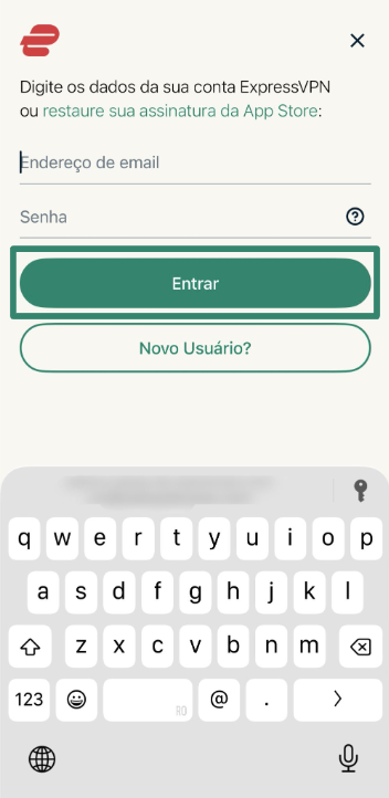 Logging into ExpressVPN using email address and password.