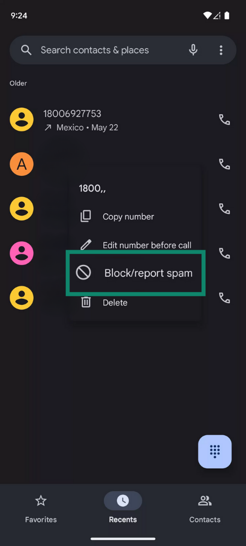 Android call log options with “Block/report spam” menu item highlighted.