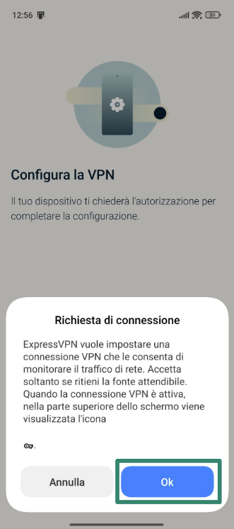 Allowing ExpressVPN to set up VPN connections on Android.