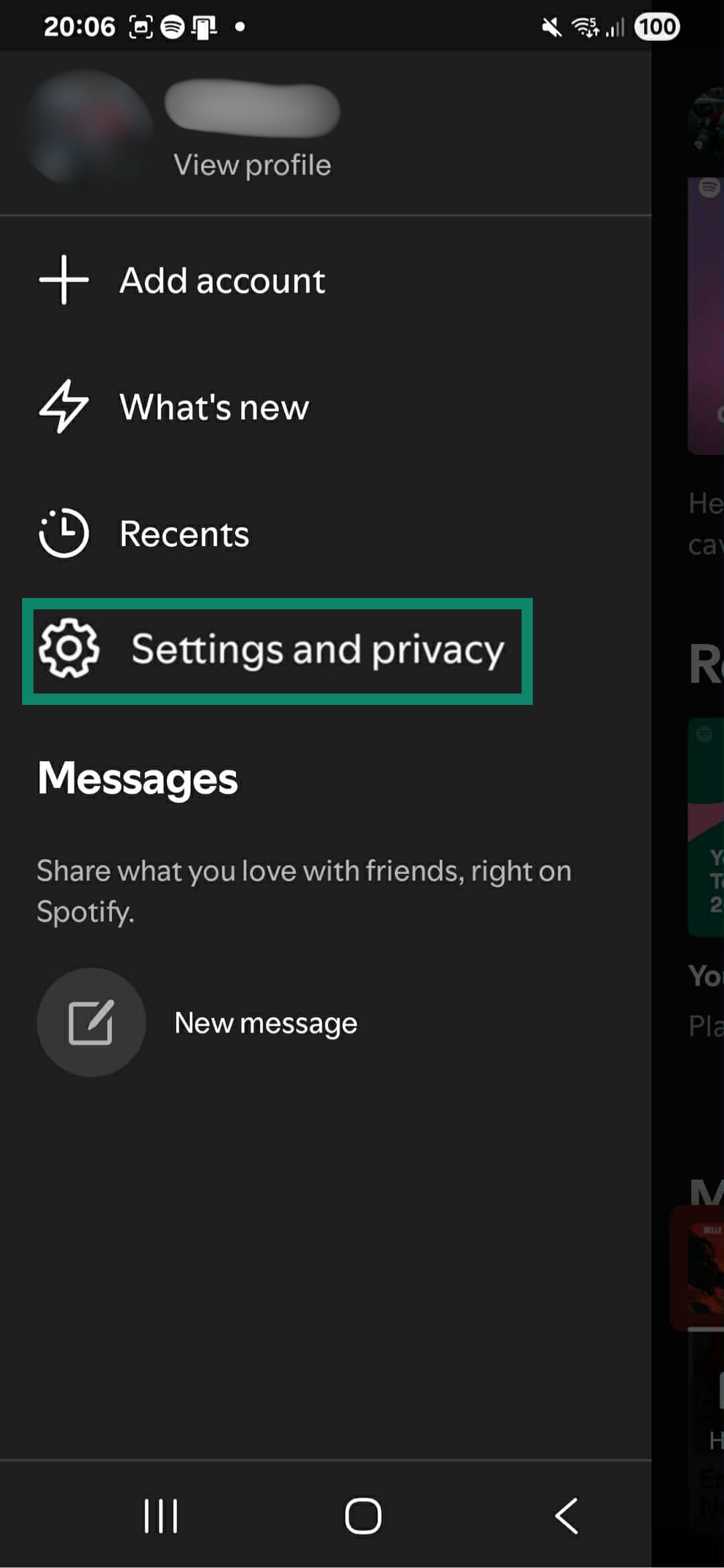 A screenshot of the Spotify mobile app showing how to reach the Settings and privacy menu.