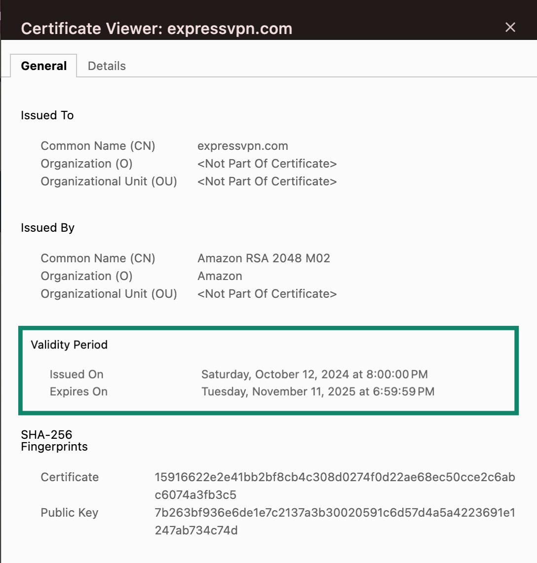 Example of a valid TLS/SSL certificate with the issue and expiry date highlighted.
