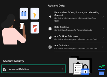 Uber desktop privacy center screen with account deletion option highlighted.