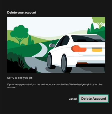 Uber final account deletion screen with the Delete Account button highlighted.