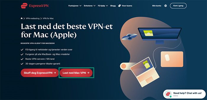 ExpressVPN download page for the Mac app, with a highlighted "Download Mac VPN" button.