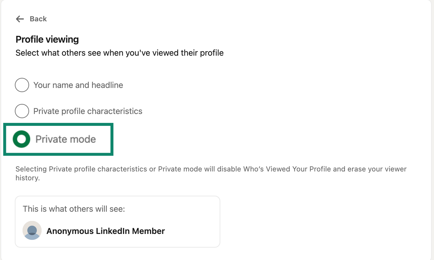 The LinkedIn Profile viewing settings page with Private mode highlighted.