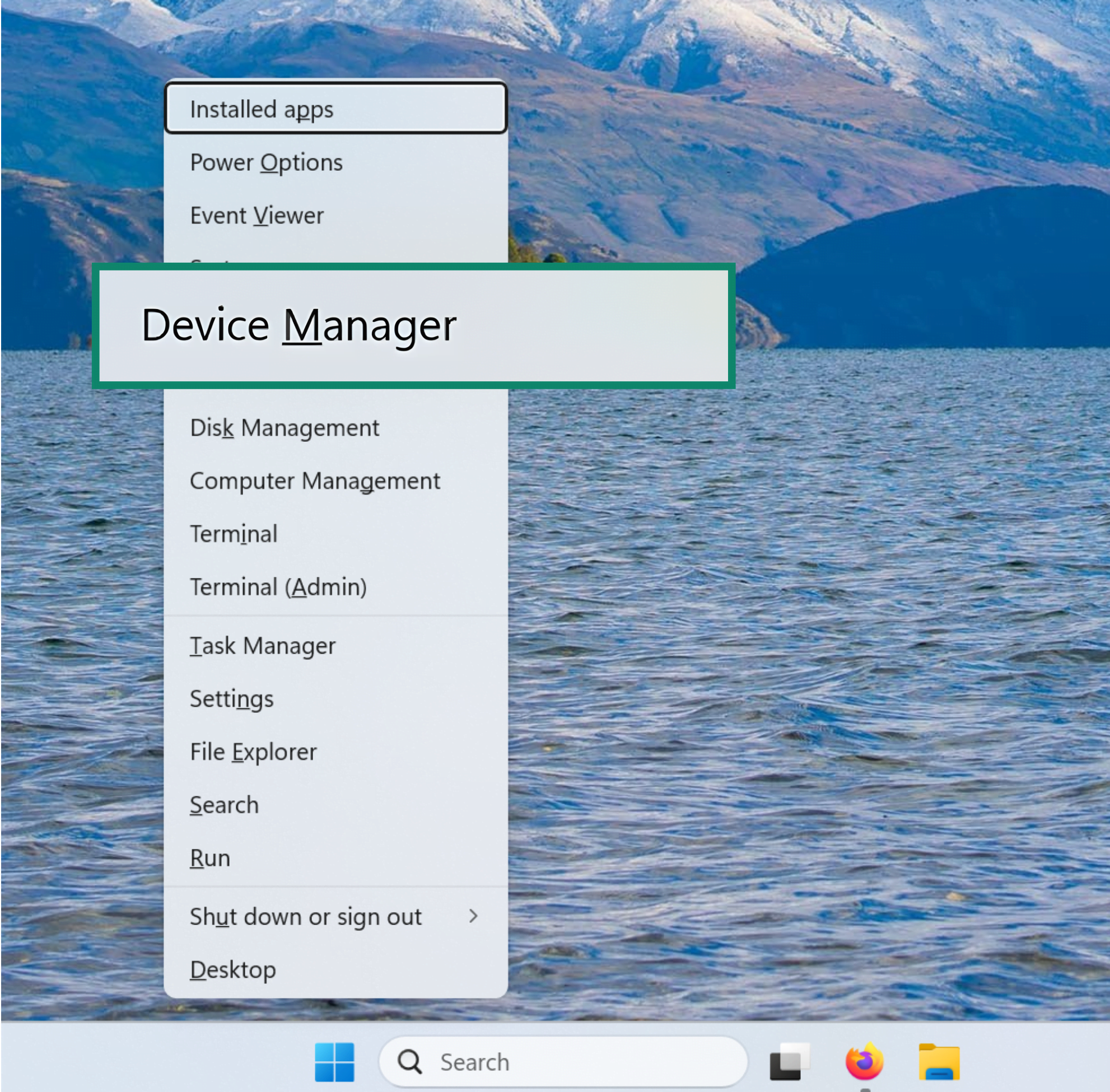 Windows 11 quick access menu with a highlighted Device Manager button.
