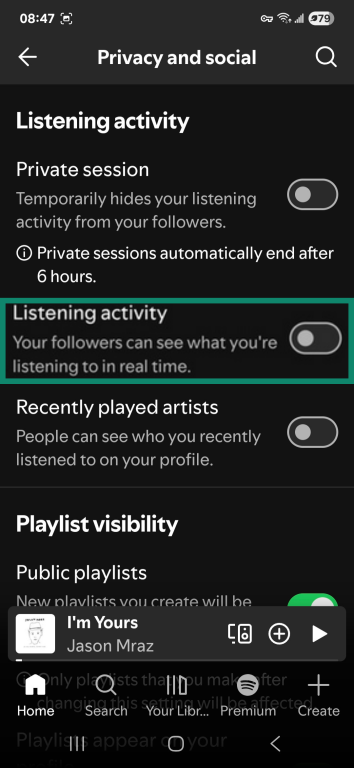 Spotify mobile app Privacy and social menu with Listening activity highlighted.