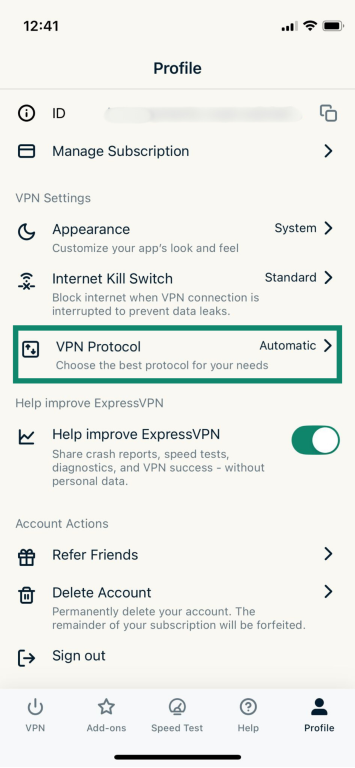ExpressVPN Profile settings screen with VPN Protocol highlighted.