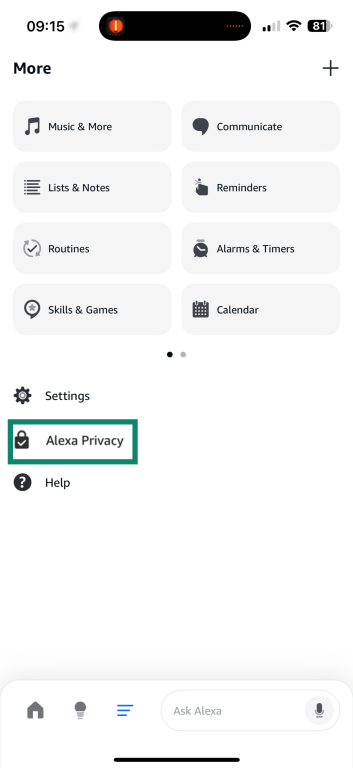 Alexa More menu showing the Skills & Games option.