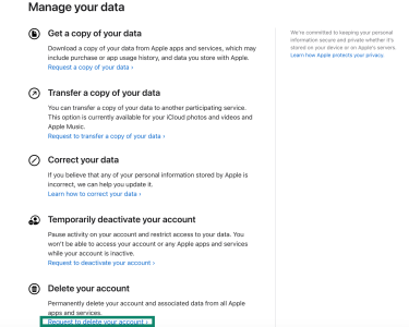 The "Manage your data" section on Apple's Data and Privacy page. The "Delete your account" subsection heading is highlighted.