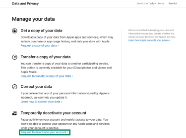 The "Manage your data" section on Apple's Data and Privacy page. The "Request to deactivate your account" button is highlighted.