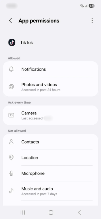 The "App permissions" page for TikTok on Android.