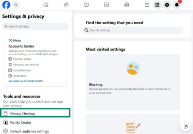 Facebook Settings & privacy page with Privacy Checkup highlighted.