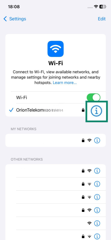 iOS Wi-Fi menu with the information icon next to the active network highlighted
