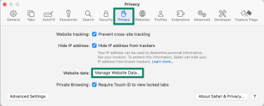 The Privacy tab in Safari, highlighting the "Manage Website Data..." option.