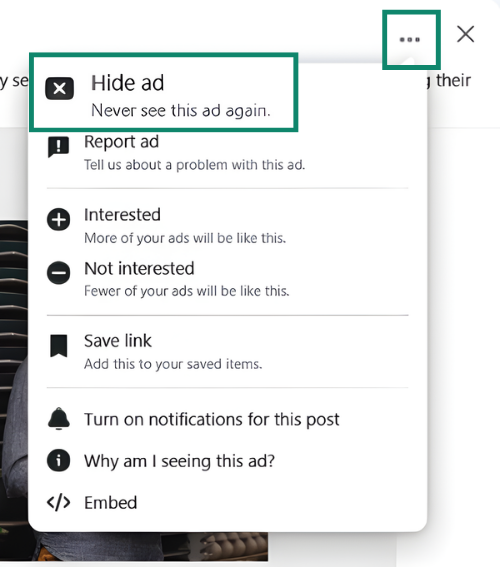 A screenshot of a Facebook ad, showing the option to hide the ad.