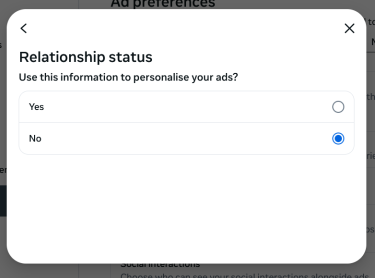 A screenshot showing the option to stop Facebook using the user's relationship status as a factor in personalized advertising.