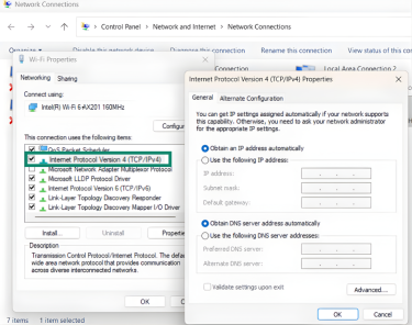 IPv4 Properties dialog showing Obtain an IP address automatically and Obtain DNS server address automatically selected.