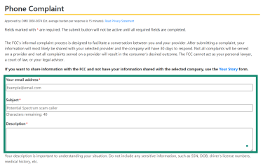 Screenshot of the FCC phone-complaint form with the email, subject, and description fields highlighted.