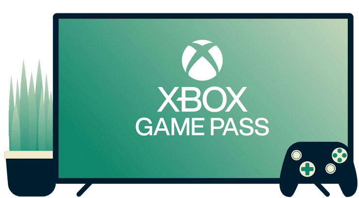 Pantalla con un logotipo de Xbox Game Pass, un control y una planta