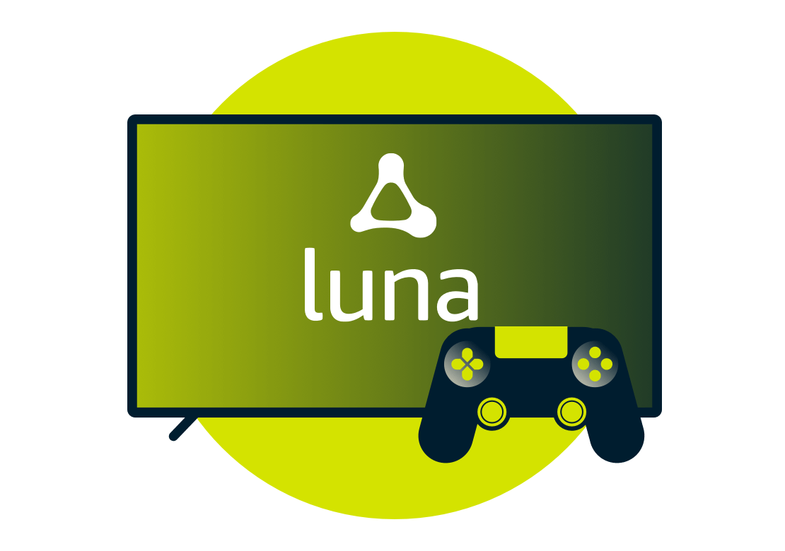 Logotipo de Amazon Luna en la pantalla con un controlador.
