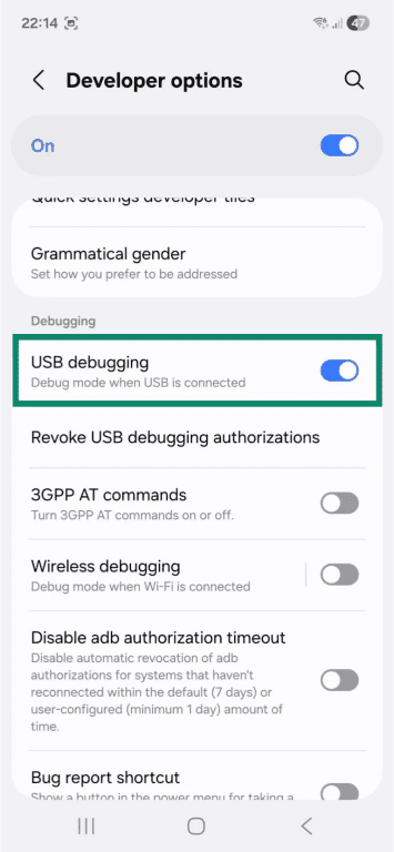 The "Developer options" page on an Android phone. The "USB debugging" option is highlighted and toggled on.