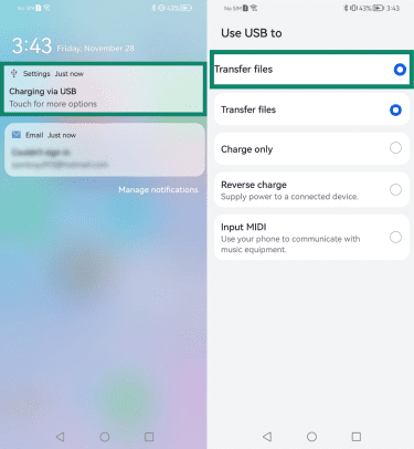 Two Android screenshots side by side. The first image shows the "Charging via USB" page highlighted. The second image shows the "Use USB to" setting page on Android, with the "Transfer files" option highlighted.