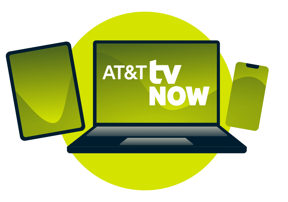 Um laptop, tablet e telefone, com o logotipo da AT&T TV Now.