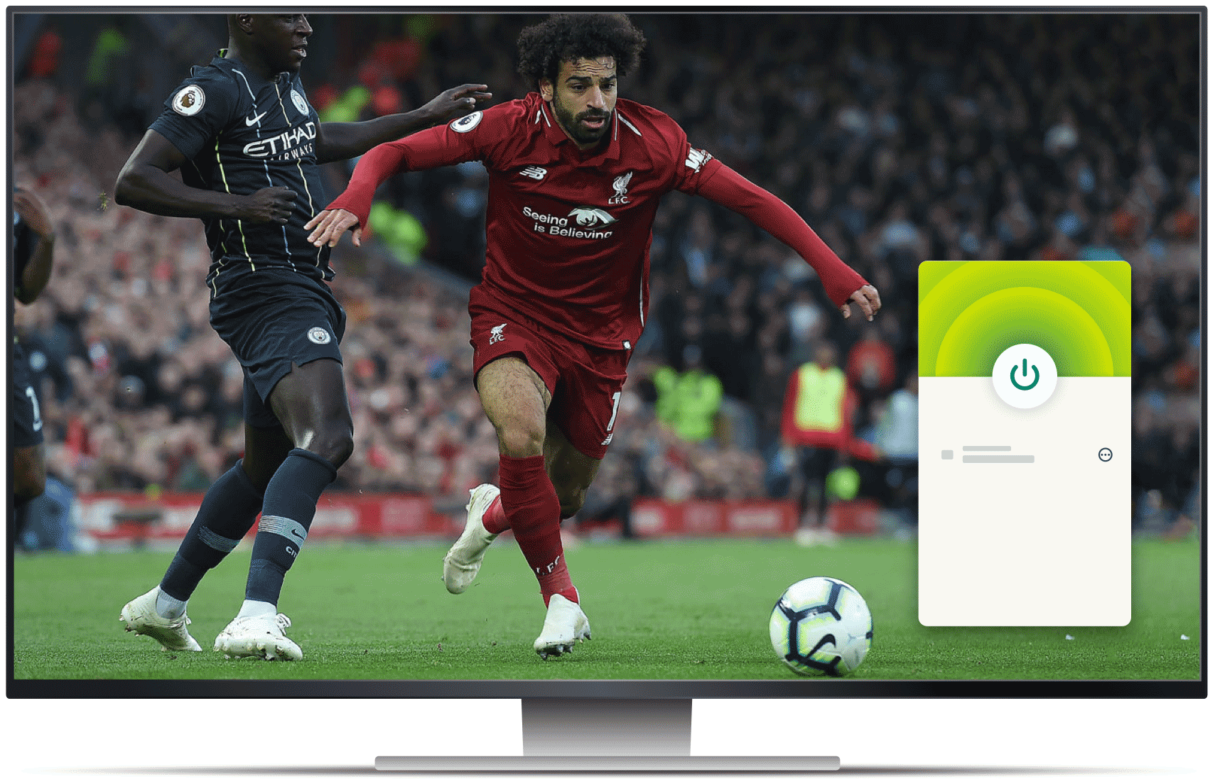 Desktop monitor with beIN Sports football stream and VPN app.