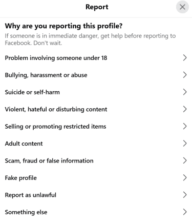 'Report' pop-up window listing various reasons for reporting a profile, such as 'Fake profile' or 'Scam, fraud or false information'.