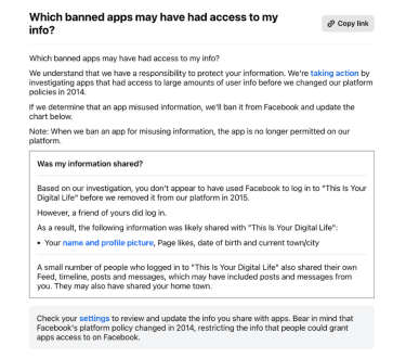 Screenshot of Facebook's "Your information" page showing a result that some information was shared with the third-party app "This Is Your Digital Life" due to a Facebook friend's activity on that app.