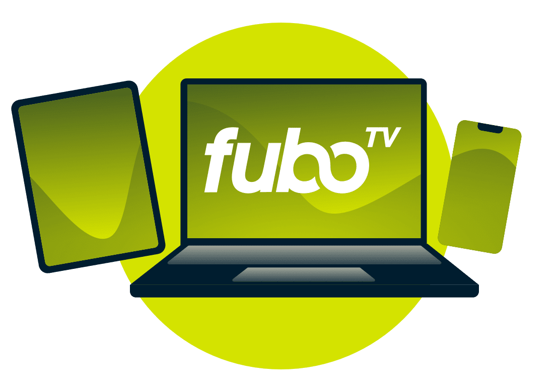แล็ปท็อป แท็บเล็ต และโทรศัพท์ พร้อมโลโก้ FuboTV