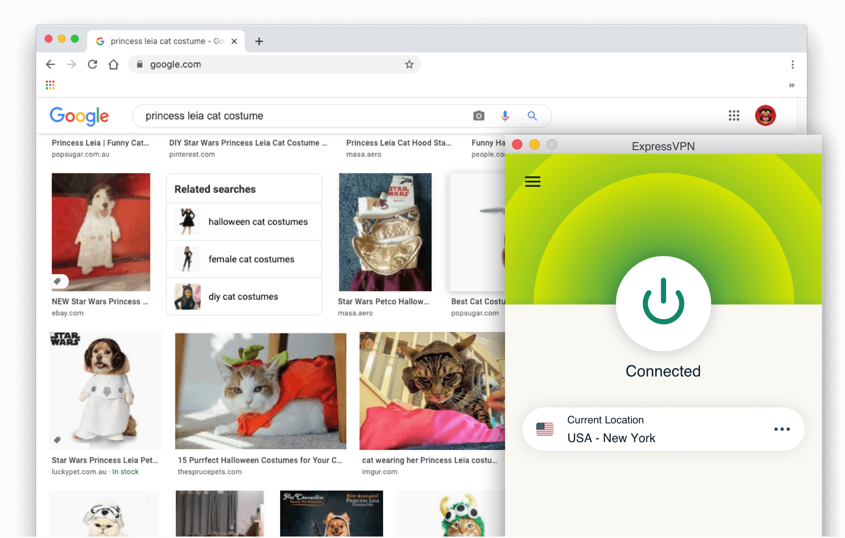 Googlen hakutulokset: ExpressVPN:n ollessa päällä.