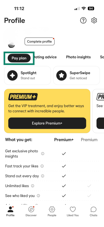 Bumble Profile screen with the Pay plan highlighted in the top left.