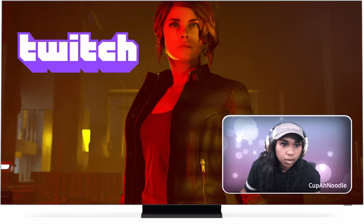 Logo de Twitch, juego y gamer en la pantalla.