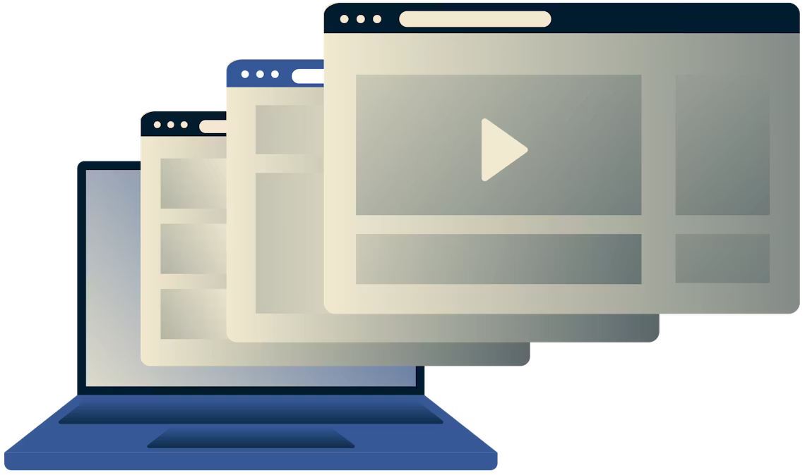 ビデオ、音楽、スポーツ、ソーシャルメディアのブロックを解除します。いくつかのブラウザウィンドウを表示しているラップトップ。