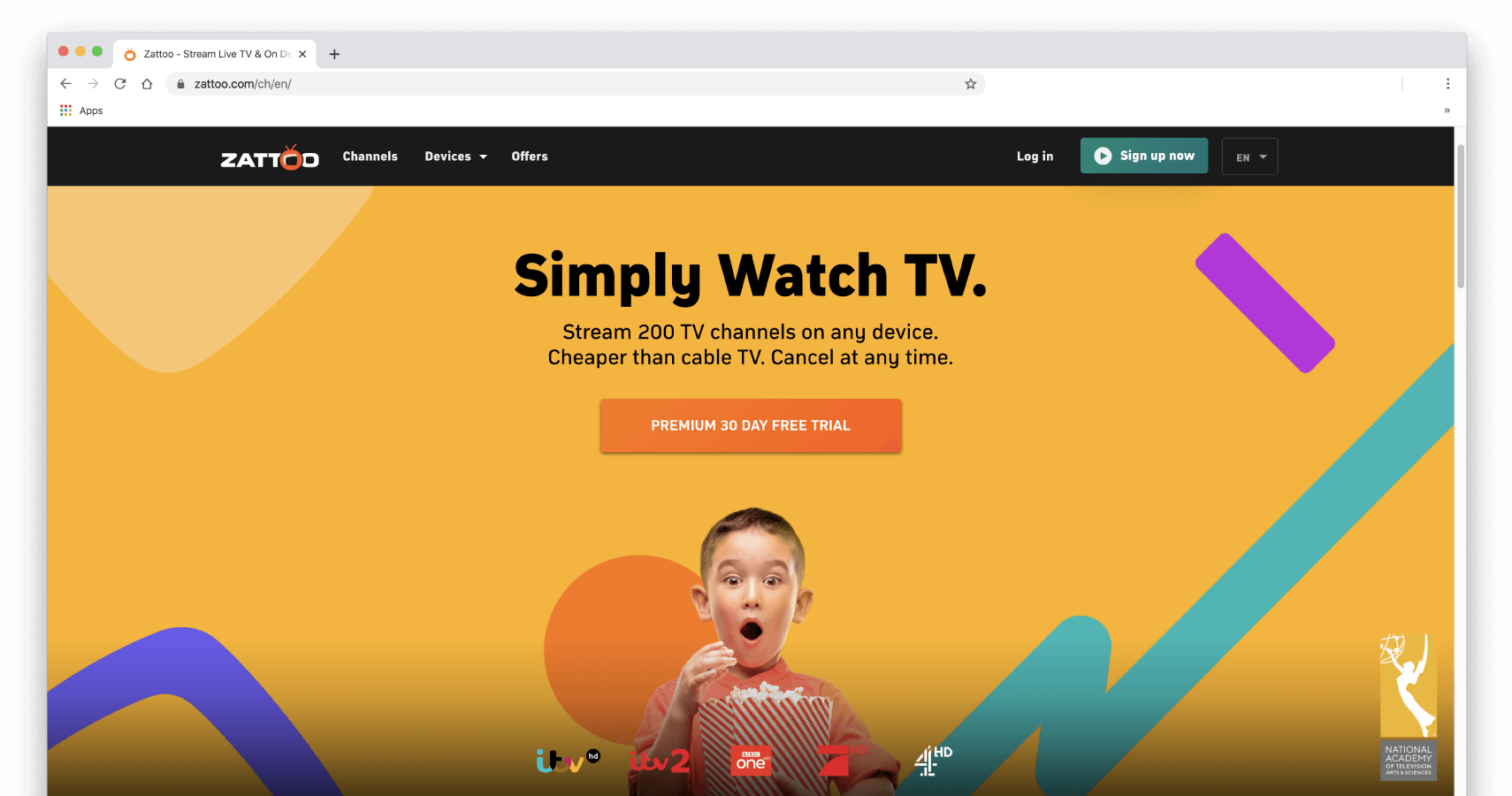 Zrzut ekranu ze stroną główną Zattoo.