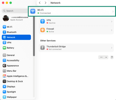 Apple network settings, showing how to access active network settings.