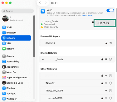 Apple network settings, showing how to view active network details.